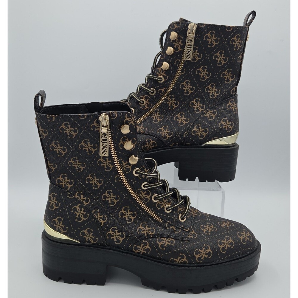 GUESS Ferina Brown Monogram Logo Platform Combat Boots Lug Sole Sz 9.5